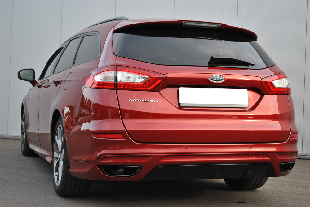 Mondeo V Schrägheck/ Turnier/ Stufenheck Endschalldämpfer quer Ausgang rechts/links - Ausgang der Endrohre in der originalen Stoßstange Mondeo V Schrägheck/ Turnier/ Stufenheck Endschalldämpfer quer Ausgang rechts/links - Ausgang der Endrohre in der originalen Stoßstange